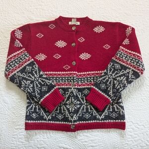 Women's 90s Eddie Bauer Red Wool Fairisle Button Cardigan Christmas Sweater